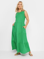 Yours Curve Green Sleeveless Ribbed Trim Tiered Midaxi 100% Cotton Dress - Image 1 of 5