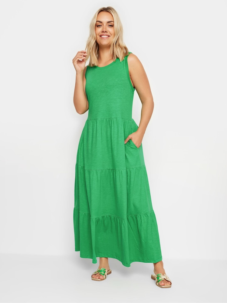 Yours Curve Green Sleeveless Ribbed Trim Tiered Midaxi 100% Cotton Dress - Image 2 of 5