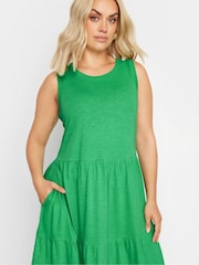 Yours Curve Green Sleeveless Ribbed Trim Tiered Midaxi 100% Cotton Dress - Image 3 of 5