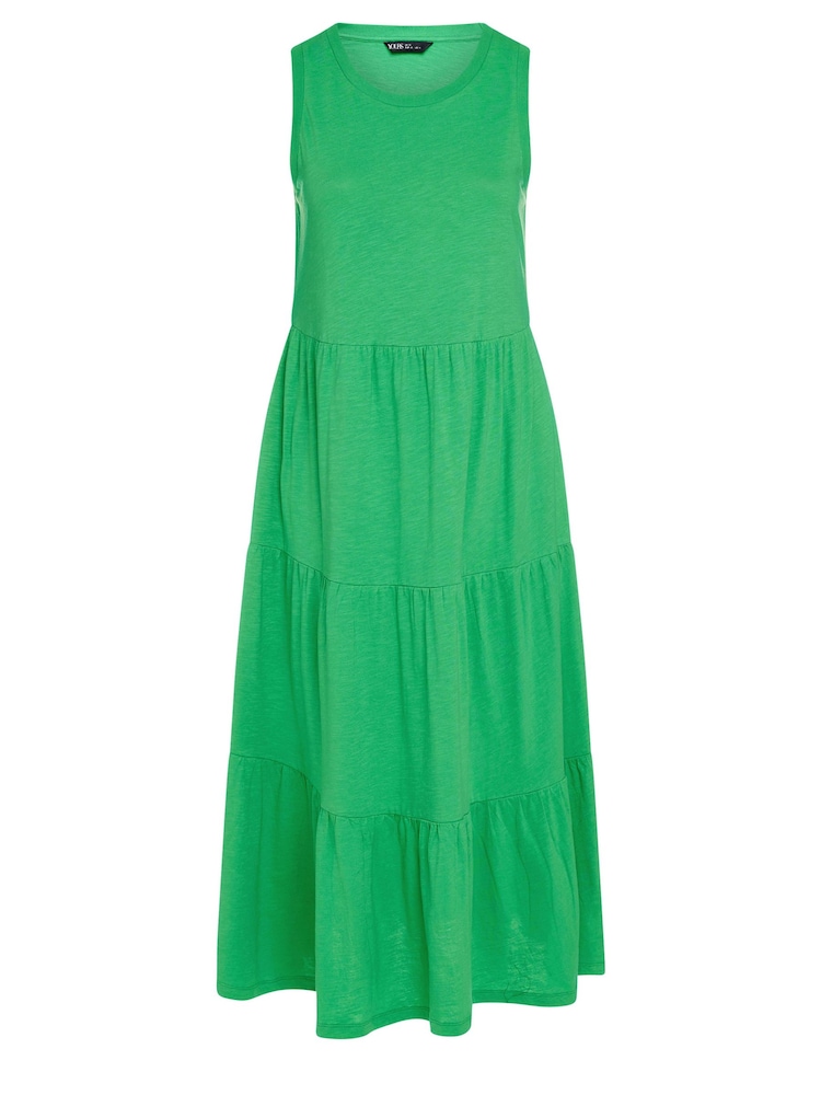 Yours Curve Green Sleeveless Ribbed Trim Tiered Midaxi 100% Cotton Dress - Image 5 of 5