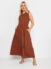 Yours Curve Orange Sleeveless Ribbed Trim Tiered Midaxi 100% Cotton Dress - Image 1 of 5