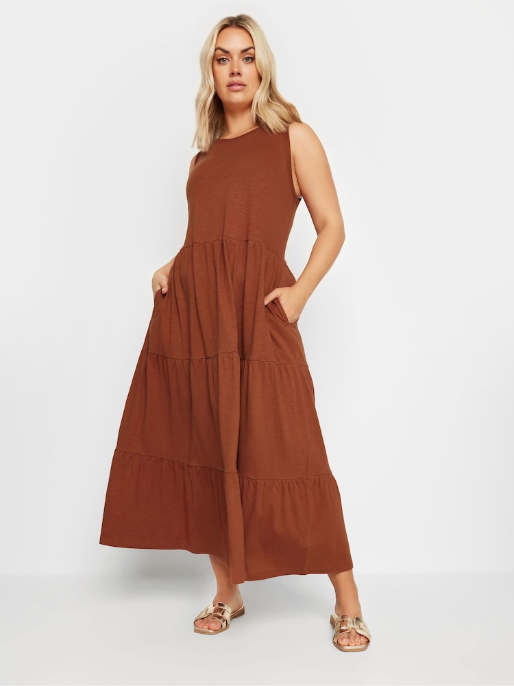Yours Curve Orange Sleeveless Ribbed Trim Tiered Midaxi 100% Cotton Dress - Image 1 of 5