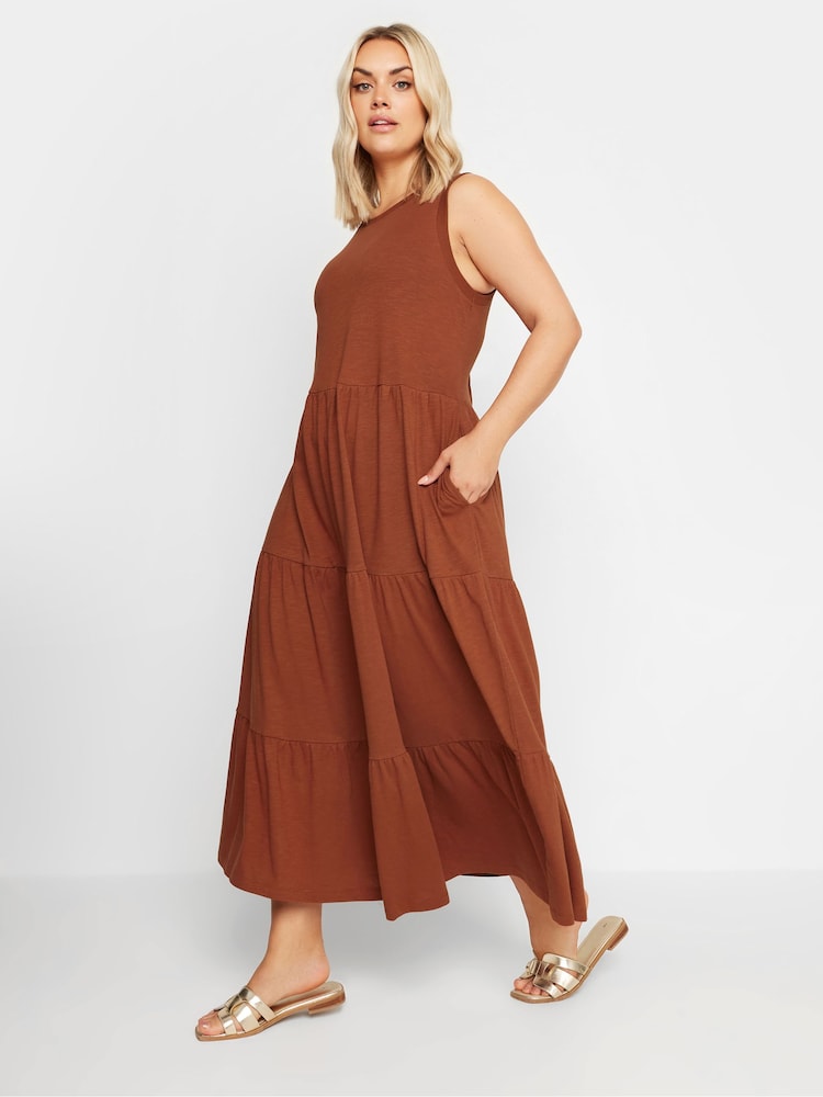 Yours Curve Orange Sleeveless Ribbed Trim Tiered Midaxi 100% Cotton Dress - Image 2 of 5