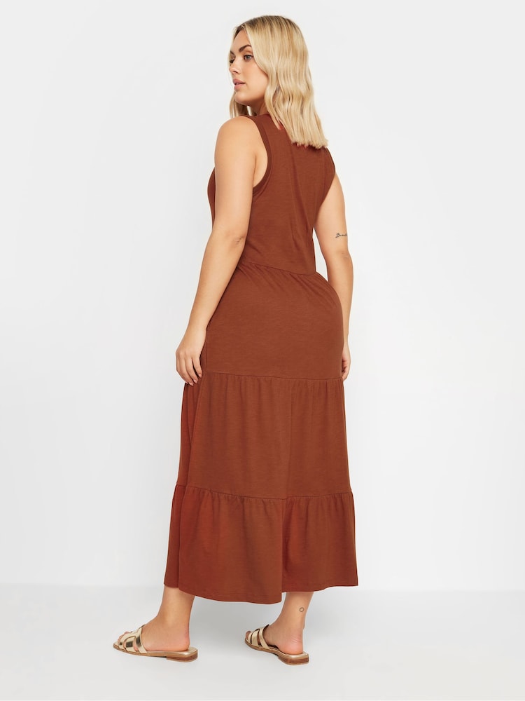 Yours Curve Orange Sleeveless Ribbed Trim Tiered Midaxi 100% Cotton Dress - Image 4 of 5