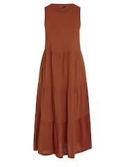 Yours Curve Orange Sleeveless Ribbed Trim Tiered Midaxi 100% Cotton Dress - Image 5 of 5