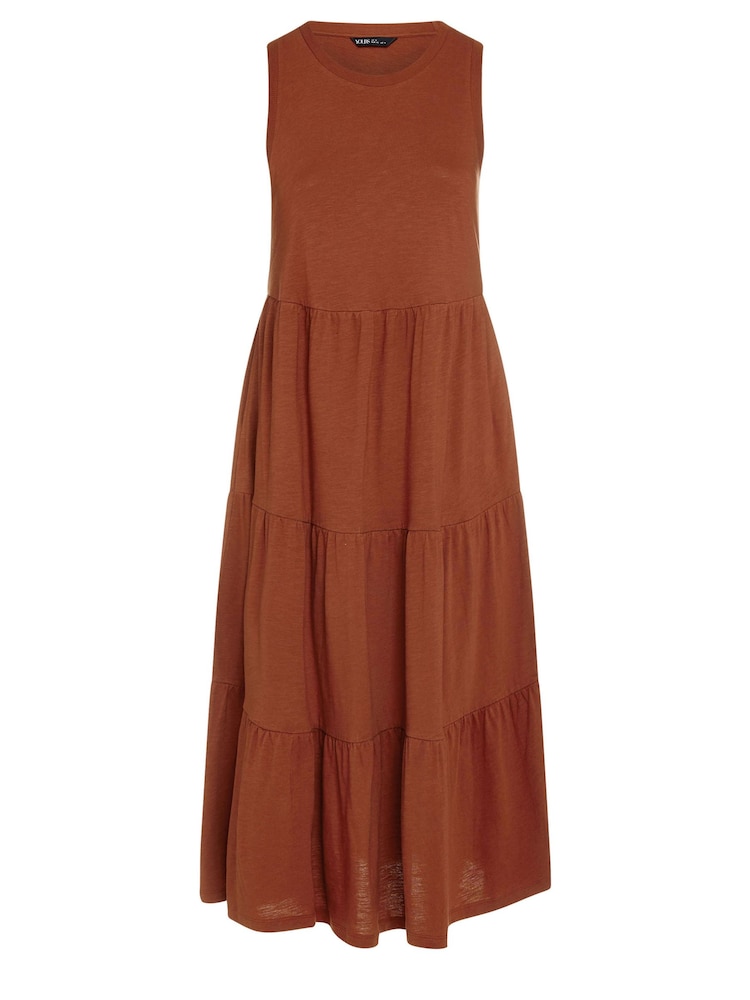Yours Curve Orange Sleeveless Ribbed Trim Tiered Midaxi 100% Cotton Dress - Image 5 of 5
