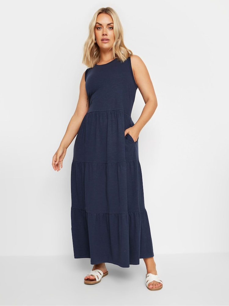 Yours Curve Blue Sleeveless Ribbed Trim Tiered Midaxi 100% Cotton Dress - Image 1 of 5