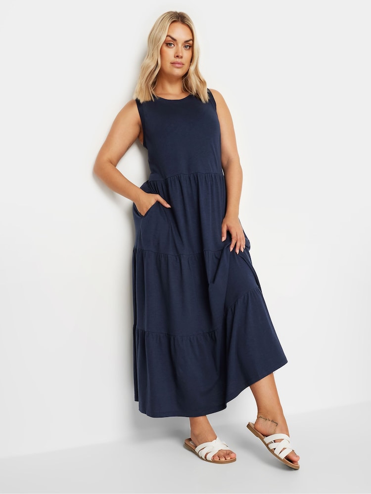 Yours Curve Blue Sleeveless Ribbed Trim Tiered Midaxi 100% Cotton Dress - Image 2 of 5