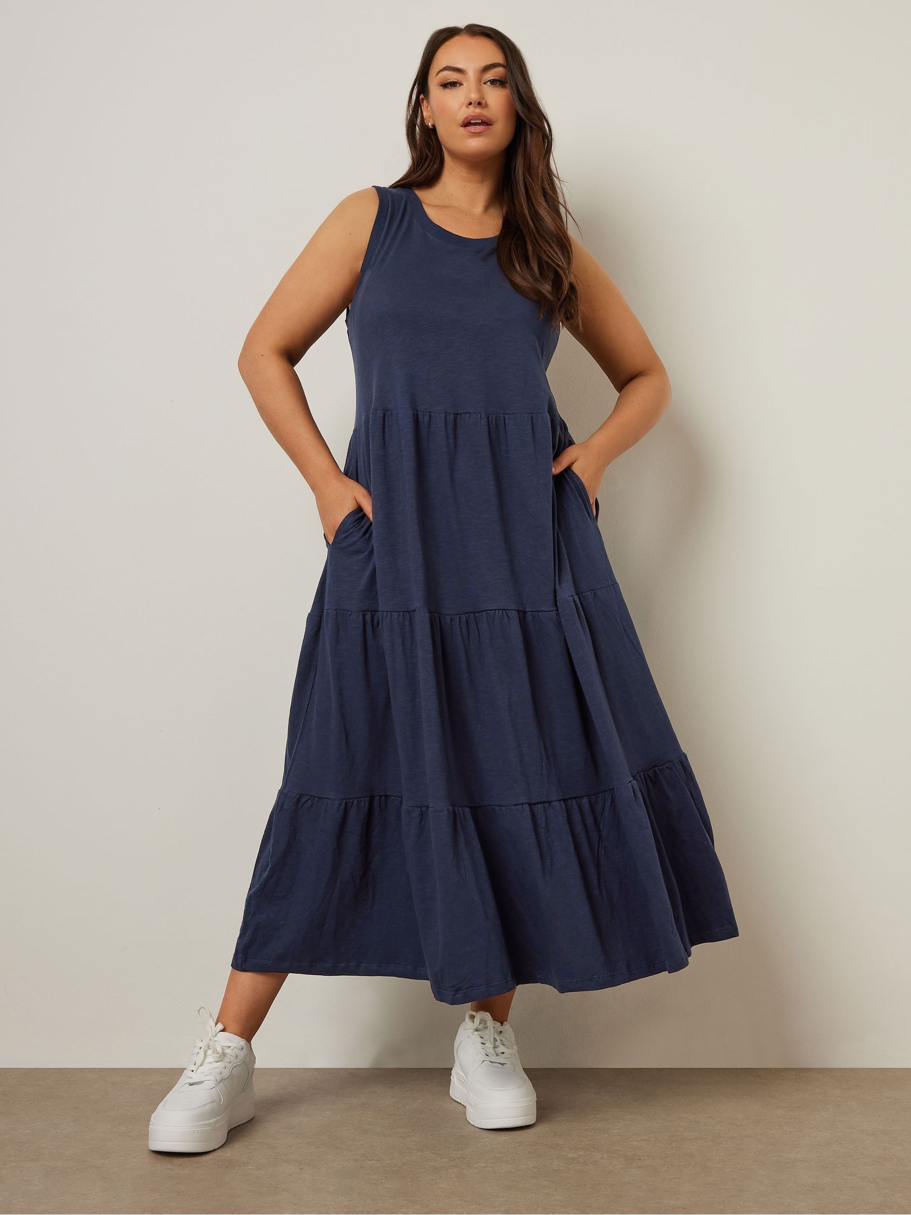 Buy Yours Curve Blue Sleeveless Ribbed Trim Tiered Midaxi