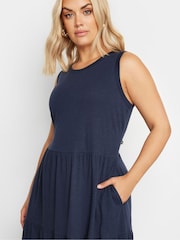 Yours Curve Blue Sleeveless Ribbed Trim Tiered Midaxi 100% Cotton Dress - Image 3 of 5