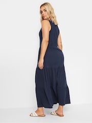Yours Curve Blue Sleeveless Ribbed Trim Tiered Midaxi 100% Cotton Dress - Image 4 of 5