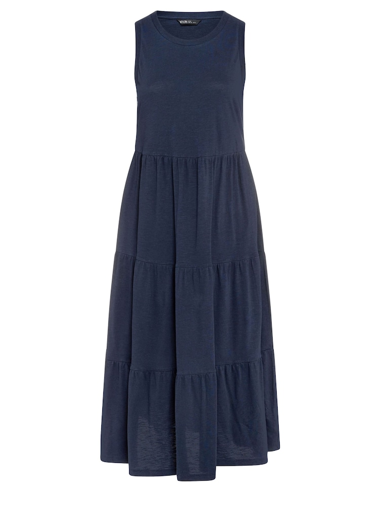 Yours Curve Blue Sleeveless Ribbed Trim Tiered Midaxi 100% Cotton Dress - Image 5 of 5