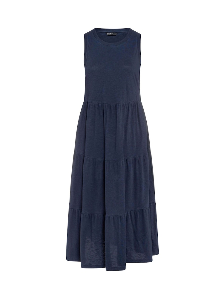 Yours Curve Blue Sleeveless Ribbed Trim Tiered Midaxi 100% Cotton Dress - Image 9 of 9 Yours Curve Blue Sleeveless Ribbed Trim Tiered Midaxi 100% Cotton Dress - Image 9 of 9