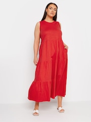 Yours Curve Red Sleeveless Ribbed Trim Tiered Midaxi 100% Cotton Dress - Image 1 of 5