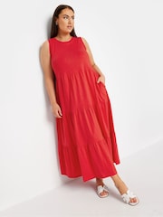 Yours Curve Red Sleeveless Ribbed Trim Tiered Midaxi 100% Cotton Dress - Image 2 of 5