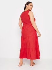 Yours Curve Red Sleeveless Ribbed Trim Tiered Midaxi 100% Cotton Dress - Image 3 of 5
