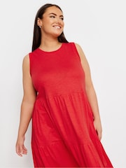 Yours Curve Red Sleeveless Ribbed Trim Tiered Midaxi 100% Cotton Dress - Image 4 of 5