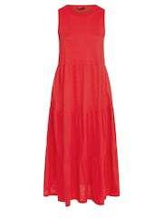 Yours Curve Red Sleeveless Ribbed Trim Tiered Midaxi 100% Cotton Dress - Image 5 of 5