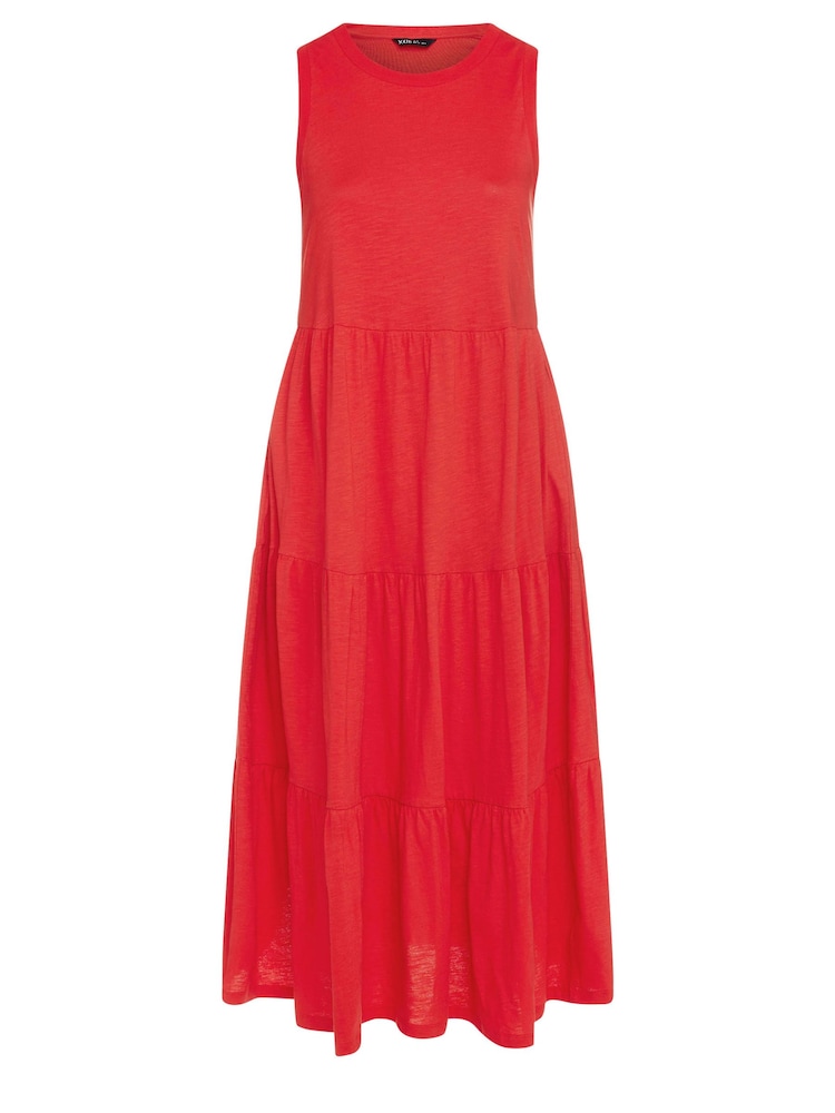Rot - Yours Curve Sleeveless Ribbed Trim Tiered Midaxi 100% Cotton Dress - Bild 5 von 5 Rot - Yours Curve Sleeveless Ribbed Trim Tiered Midaxi 100% Cotton Dress - Bild 5 von 5