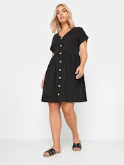 Yours Curve Black Limited Button Front Smock 100% Cotton Dress - Image 2 of 5