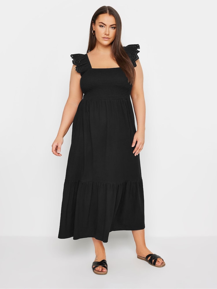 Yours Curve Black Shirred Angliase Frill Tiered Midaxi 100% Cotton Dress - Image 1 of 5
