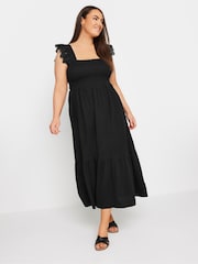 Yours Curve Black Shirred Angliase Frill Tiered Midaxi 100% Cotton Dress - Image 2 of 5