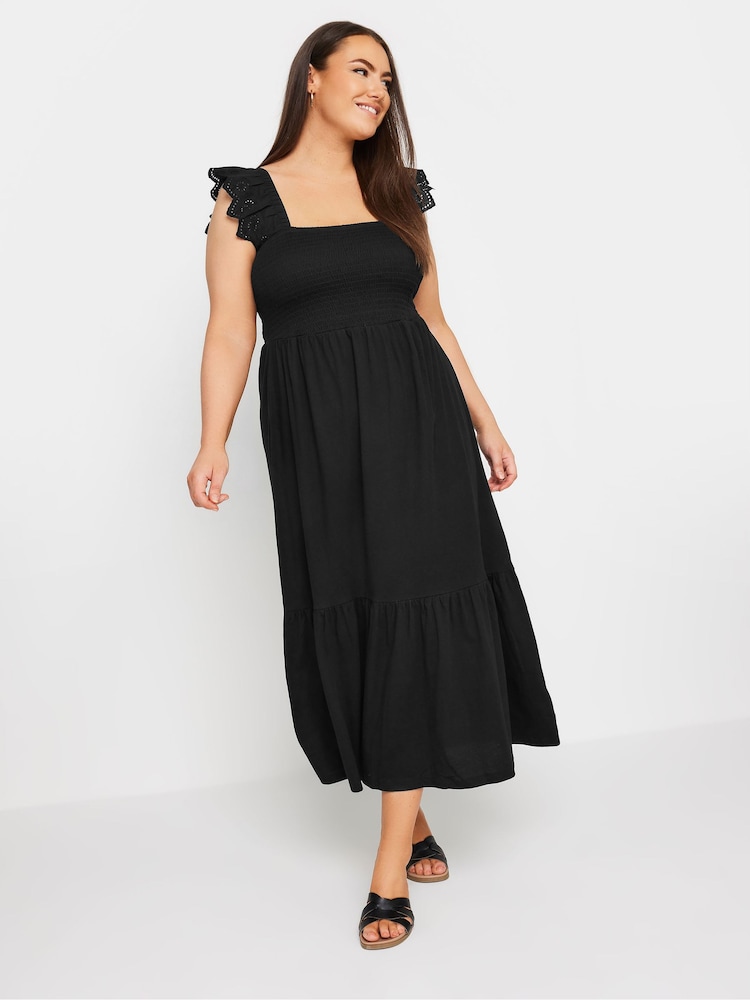 Yours Curve Black Shirred Angliase Frill Tiered Midaxi 100% Cotton Dress - Image 2 of 5