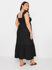 Yours Curve Black Shirred Angliase Frill Tiered Midaxi 100% Cotton Dress - Image 3 of 5