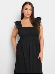 Yours Curve Black Shirred Angliase Frill Tiered Midaxi 100% Cotton Dress - Image 4 of 5