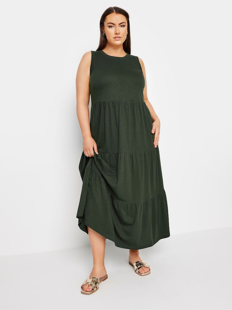 Yours Curve Light Green Sleeveless Ribbed Trim Tiered Midaxi 100% Cotton Dress - Image 1 of 5