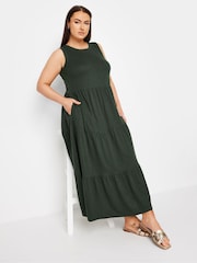 Yours Curve Light Green Sleeveless Ribbed Trim Tiered Midaxi 100% Cotton Dress - Image 2 of 5