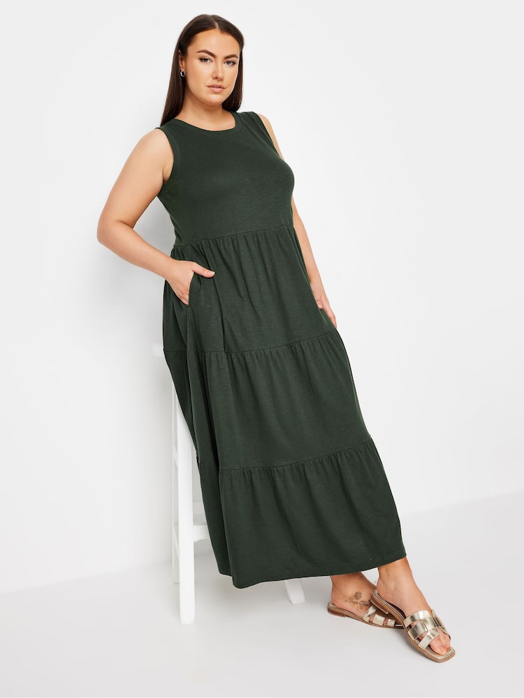 Yours Curve Light Green Sleeveless Ribbed Trim Tiered Midaxi 100% Cotton Dress - Image 2 of 5