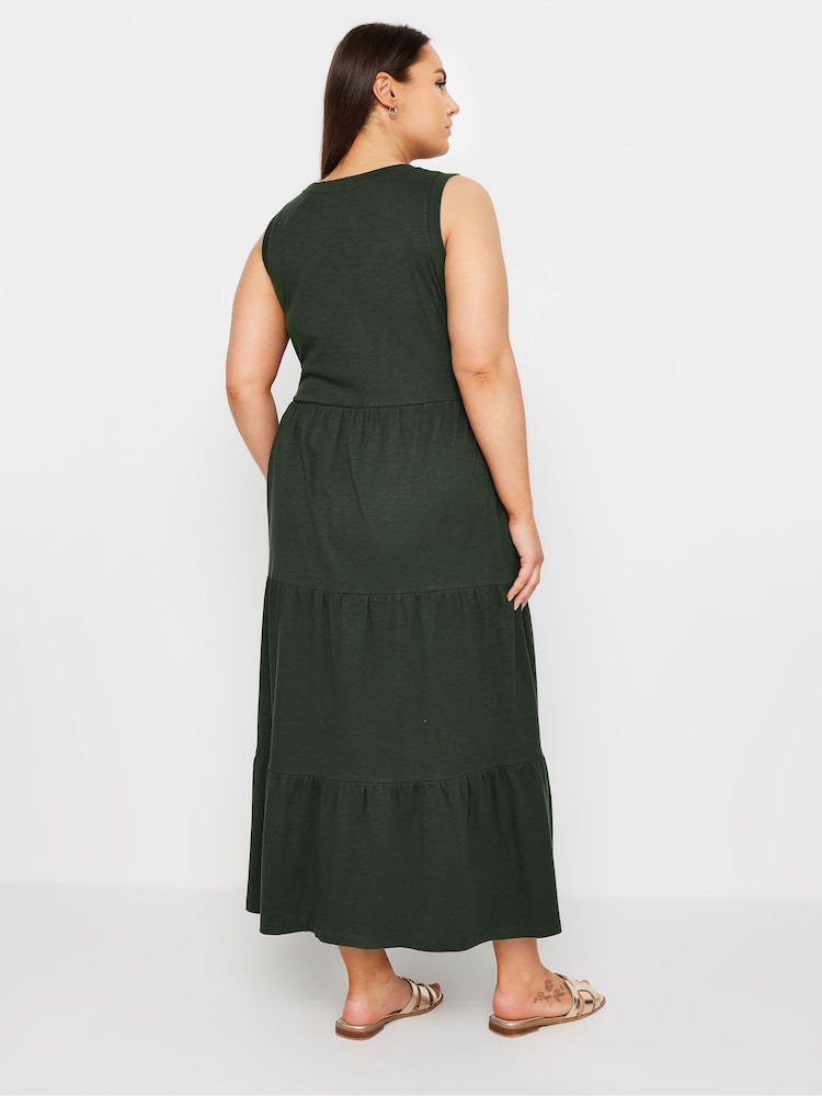 Yours Curve Light Green Sleeveless Ribbed Trim Tiered Midaxi 100% Cotton Dress - Image 3 of 5