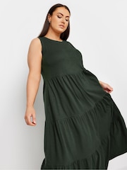 Yours Curve Light Green Sleeveless Ribbed Trim Tiered Midaxi 100% Cotton Dress - Image 4 of 5