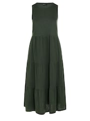 Yours Curve Light Green Sleeveless Ribbed Trim Tiered Midaxi 100% Cotton Dress - Image 5 of 5