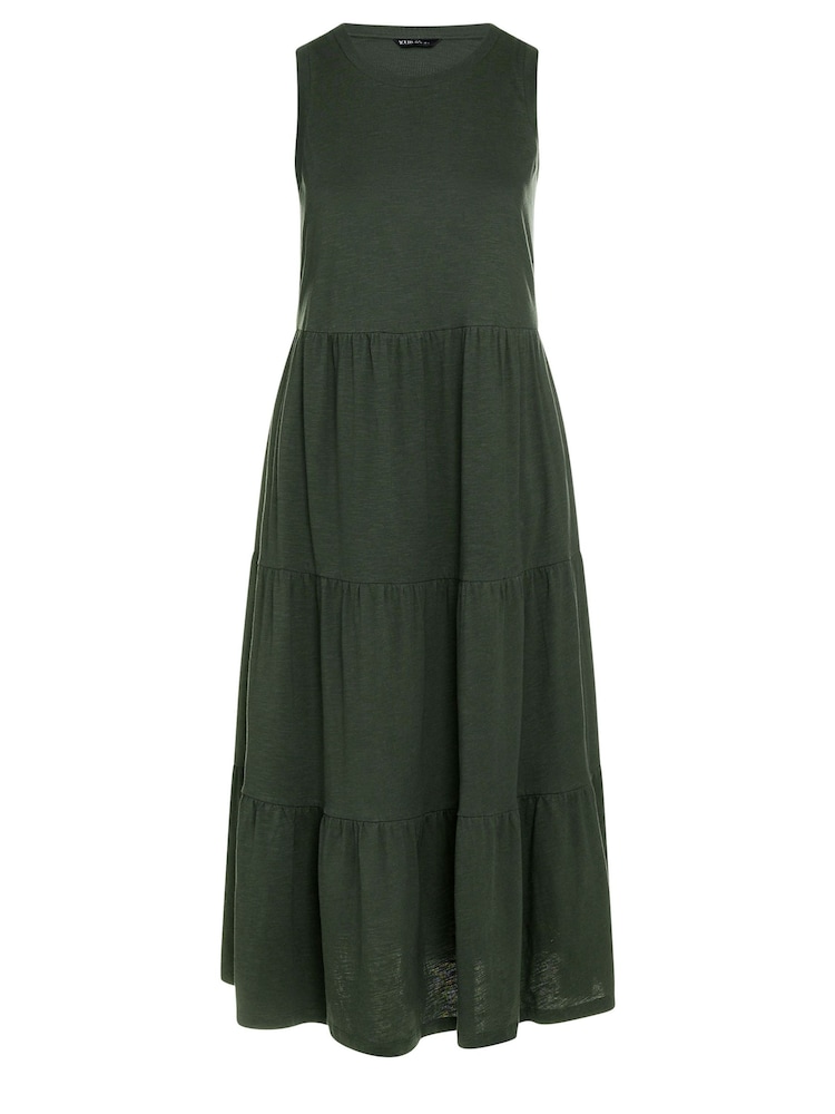 Yours Curve Light Green Sleeveless Ribbed Trim Tiered Midaxi 100% Cotton Dress - Image 5 of 5
