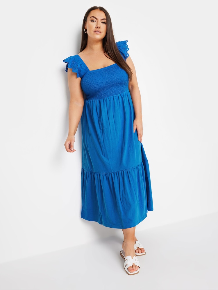 Yours Curve Blue Shirred Angliase Frill Tiered Midaxi 100% Cotton Dress - Image 1 of 5