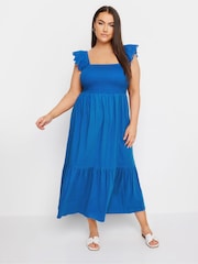 Yours Curve Blue Shirred Angliase Frill Tiered Midaxi 100% Cotton Dress - Image 2 of 5
