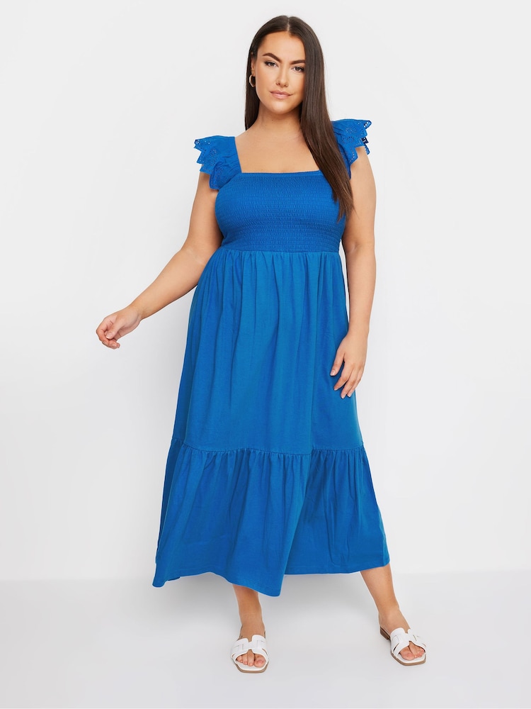 Azul - Yours Curve Shirred Angliase Frill Tiered Midaxi 100% Cotton Dress - Imagen 2 de 5 Azul - Yours Curve Shirred Angliase Frill Tiered Midaxi 100% Cotton Dress - Imagen 2 de 5