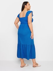 Yours Curve Blue Shirred Angliase Frill Tiered Midaxi 100% Cotton Dress - Image 3 of 5