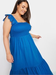 Yours Curve Blue Shirred Angliase Frill Tiered Midaxi 100% Cotton Dress - Image 4 of 5