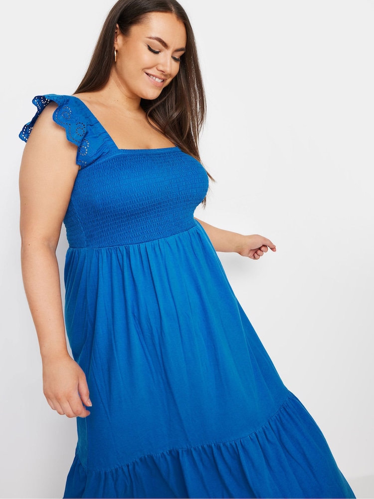 Yours Curve Blue Shirred Angliase Frill Tiered Midaxi 100% Cotton Dress - Image 4 of 5