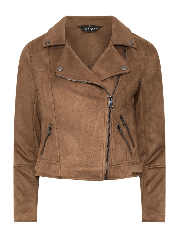PixieGirl Petite Brown Faux Suede Biker Jacket - Image 5 of 5
