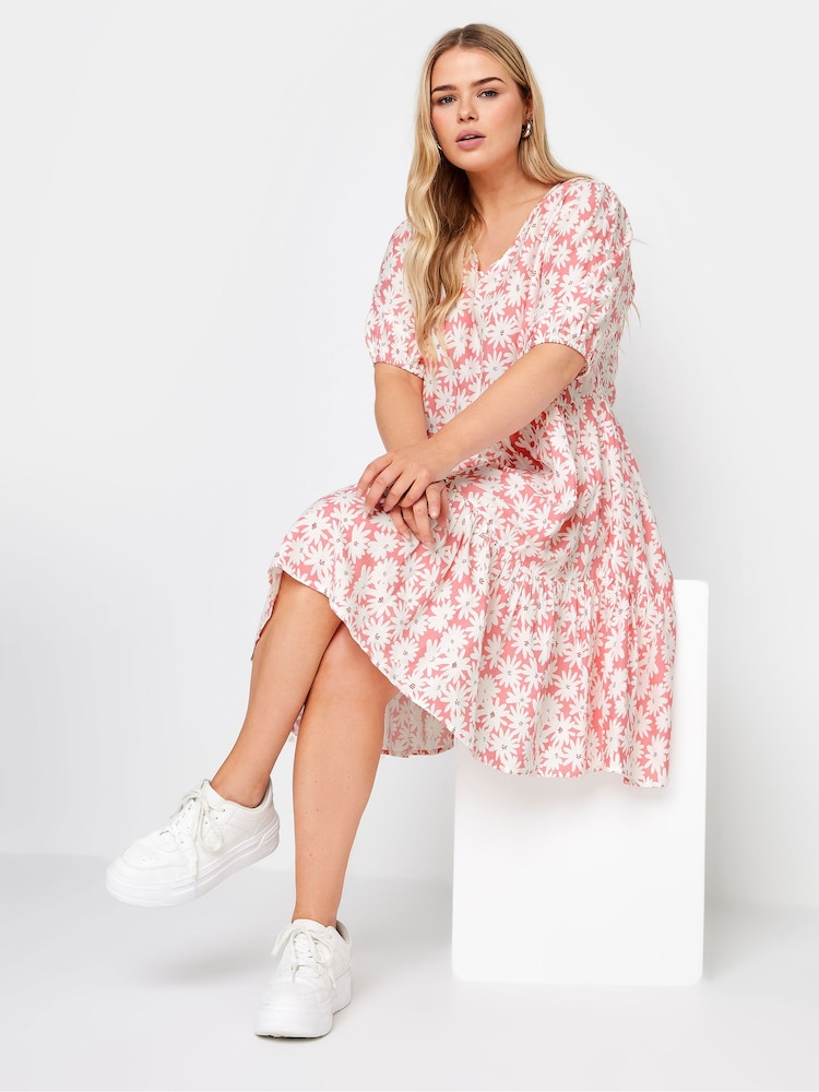 Yours Curve Pink Floral Tiered Midi Dress - Image 2 of 5