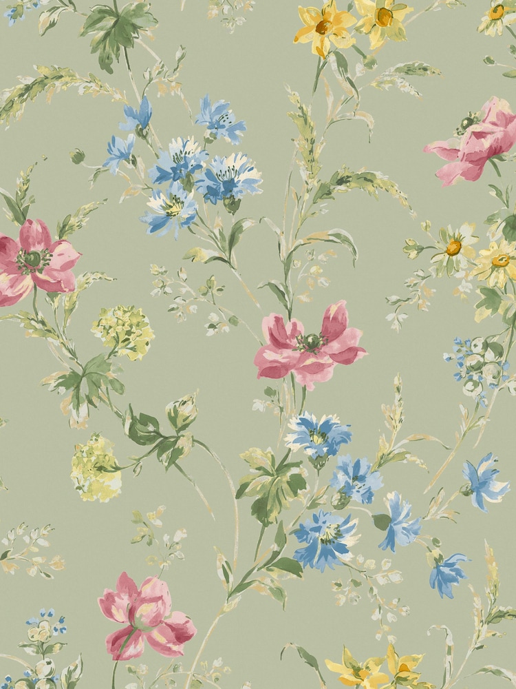 Laura Ashley Sage Green Poppy Meadow A4 Wallpaper Sample - Image 2 of 2