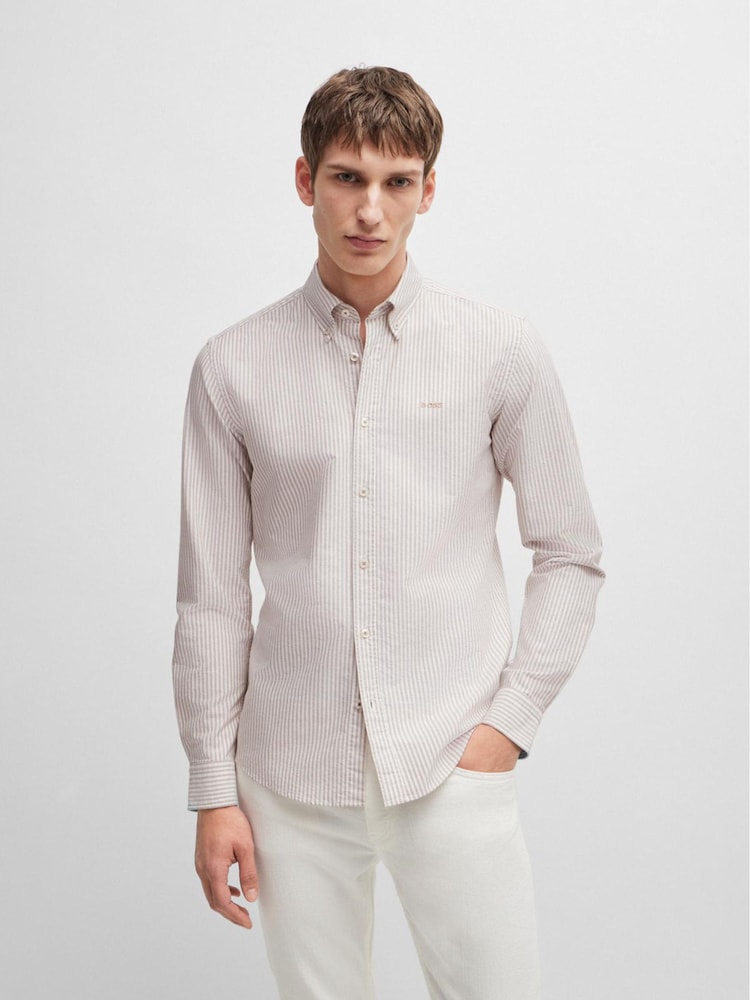 Бежевый - BOSS Slim Fit Striped Oxford 100% Cotton Shirt - Изображение 2 из 6