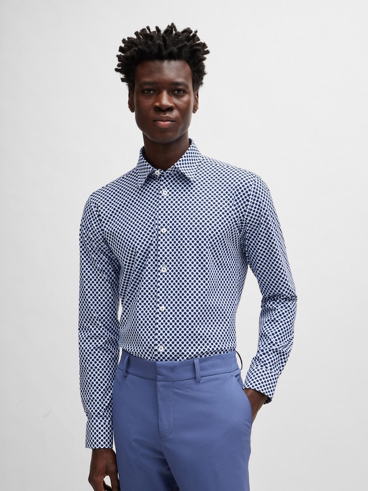 BOSS Dark Blue Printed Stretch Slim-Fit Shirt - Image 1 of 6 BOSS Dark Blue Printed Stretch Slim-Fit Shirt - Image 1 of 6