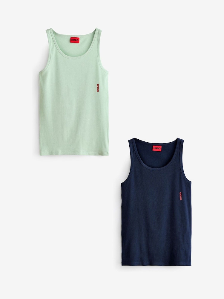 HUGO Green/Navy HUGO Logo Vests Stretch Cotton 2 Pack - Image 1 of 3 HUGO Green/Navy HUGO Logo Vests Stretch Cotton 2 Pack - Image 1 of 3