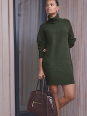 Green Khaki 100% Wool High Roll Neck Short Knitted Jumper Dress - Image 1 of 7