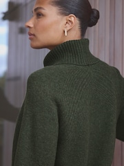 Green Khaki 100% Wool High Roll Neck Short Knitted Jumper Dress - Image 4 of 7